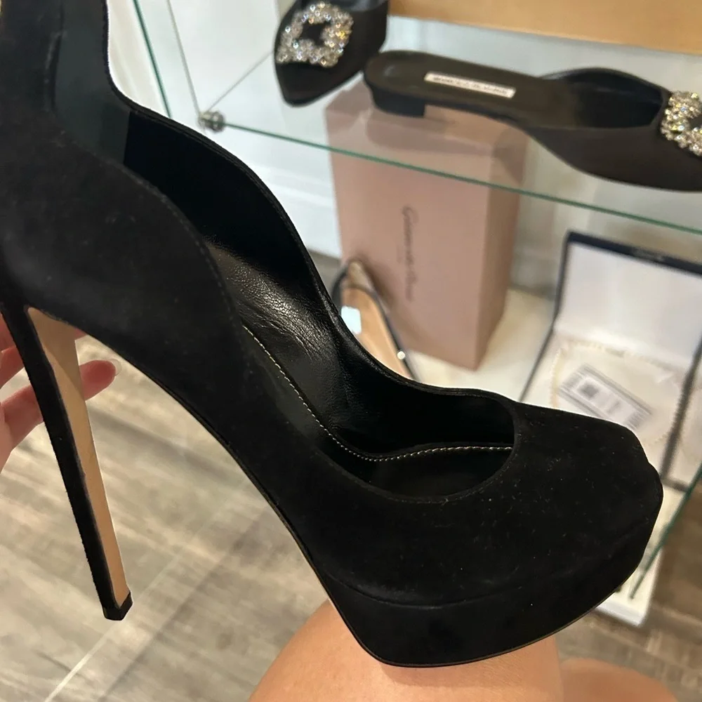Sergio Rossi Black Suede Platform Peep Toe Pump w/ Gold Heel Cut-Out